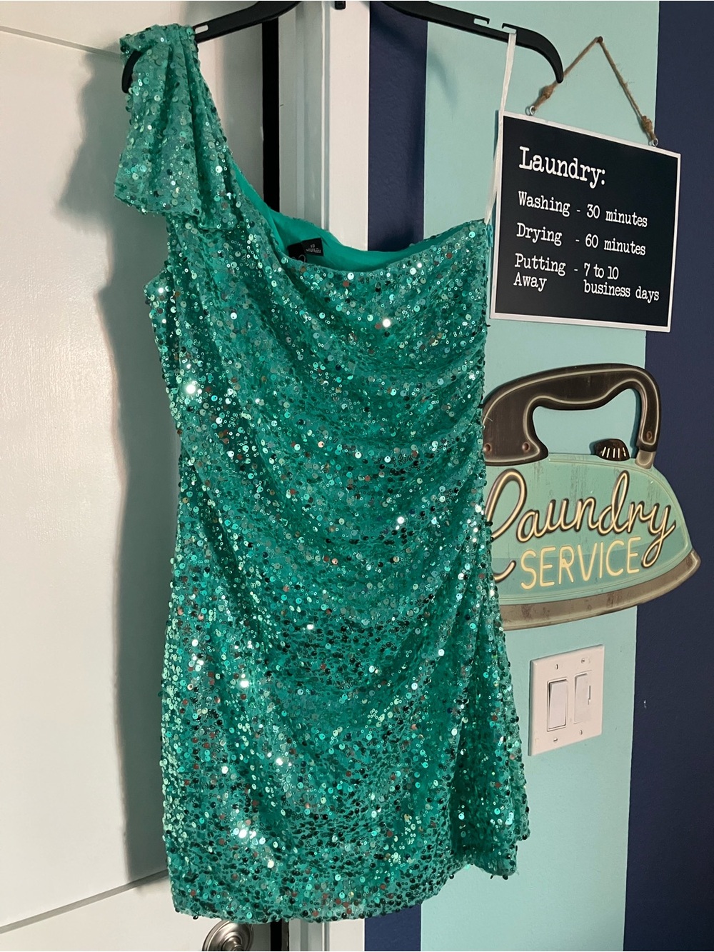 Windsor Teal Sequin One-Shoulder Mini Dress